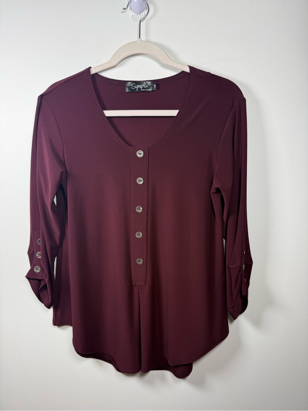 SYMPLI | Burgundy Henley V-Neck Button-Front Tunic Top Size 10